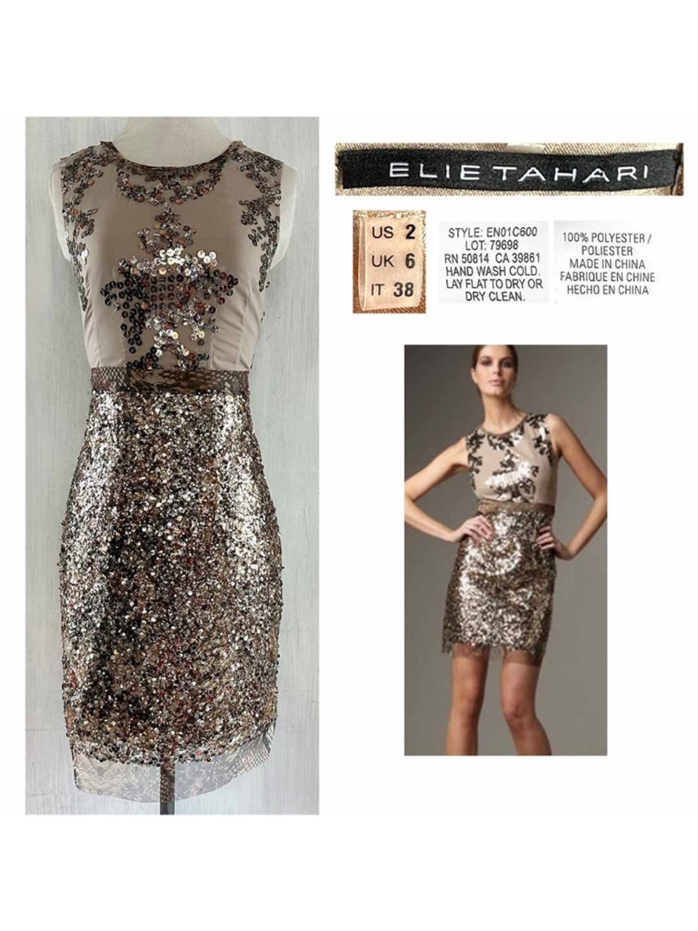 Elie Tahari Size 2 Animal Print Gold Sequins Sleeveless Mini Cocktail Dress EUC
